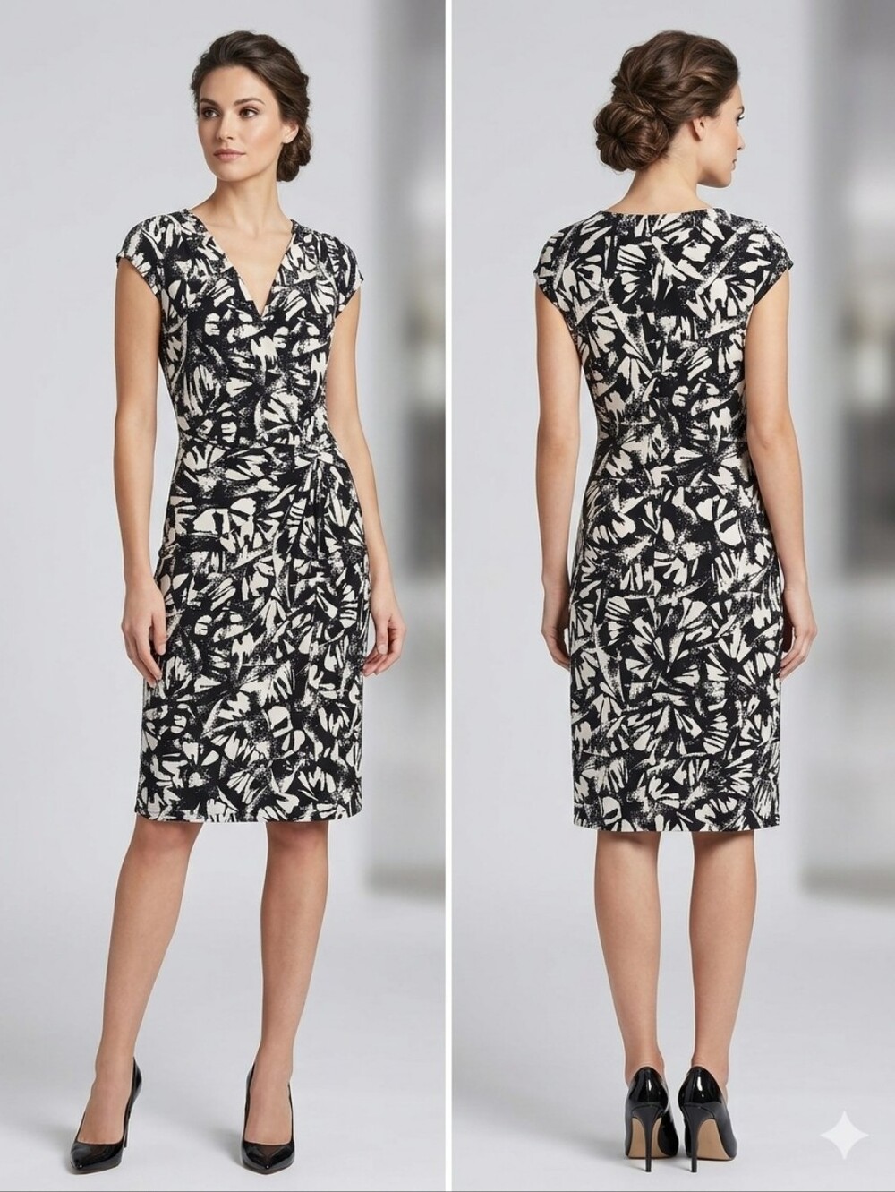 Lauren Ralph Lauren Black and White Printed V-Neck Sheath Dress
